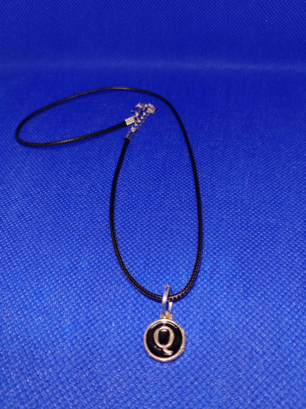 Black Cord Necklace with Round Letter Q Pendant
